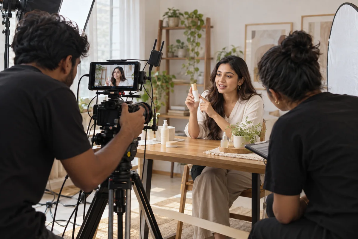 Illustrative behind-the-scenes production of a product video for social media.