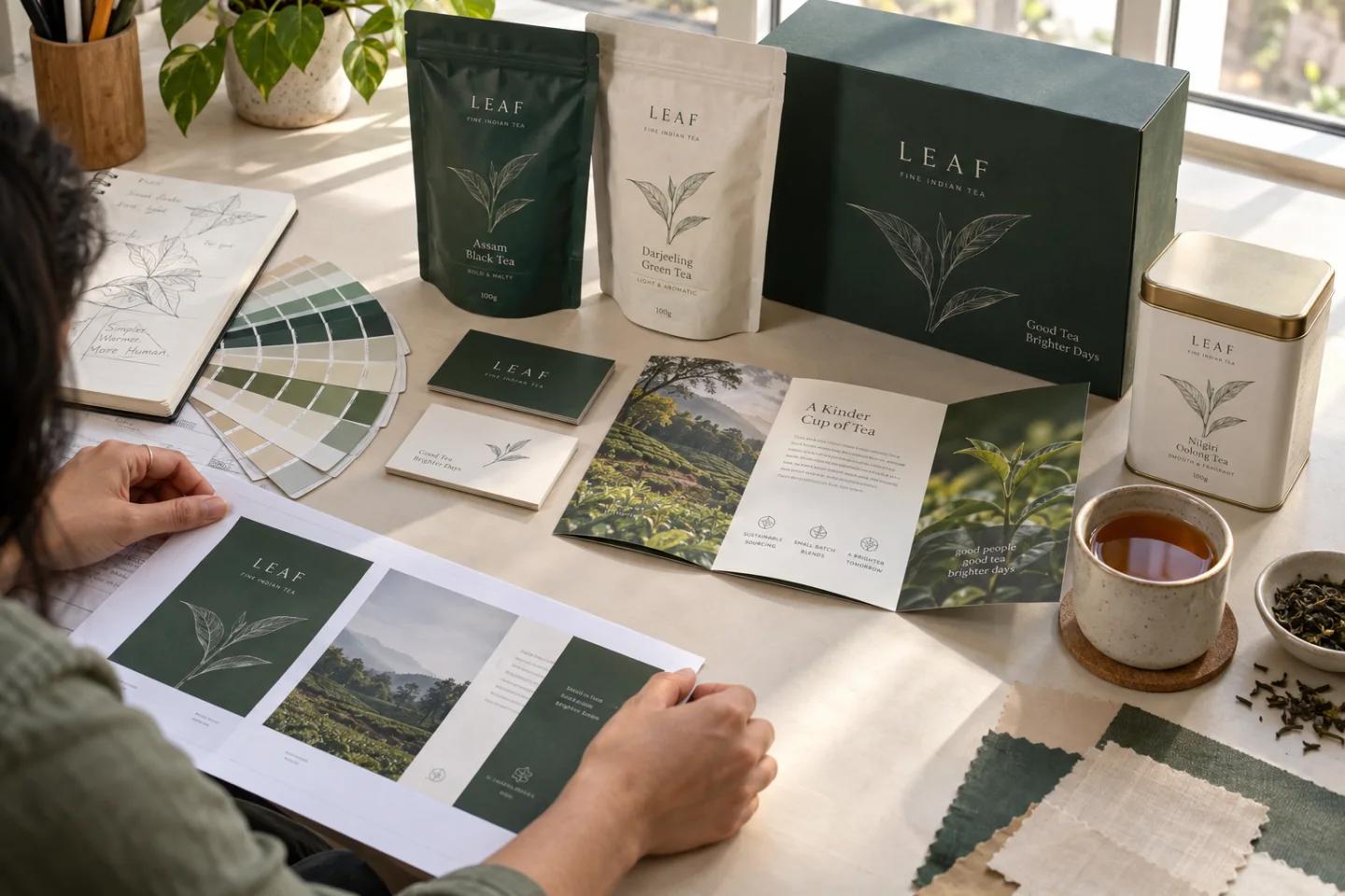 Coordinated tea packaging, stationery and printed brand design materials.